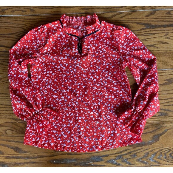SHEIN Blouse Size Small Red Floral Ruffle Neck & Wrist Tie Neck Silky Top Dressy - Picture 4 of 11